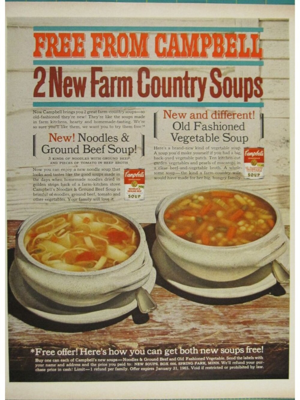 Print Ad Campbells 2 New Farm Country Soups Noodles & Ground Beef Vegetable Soup